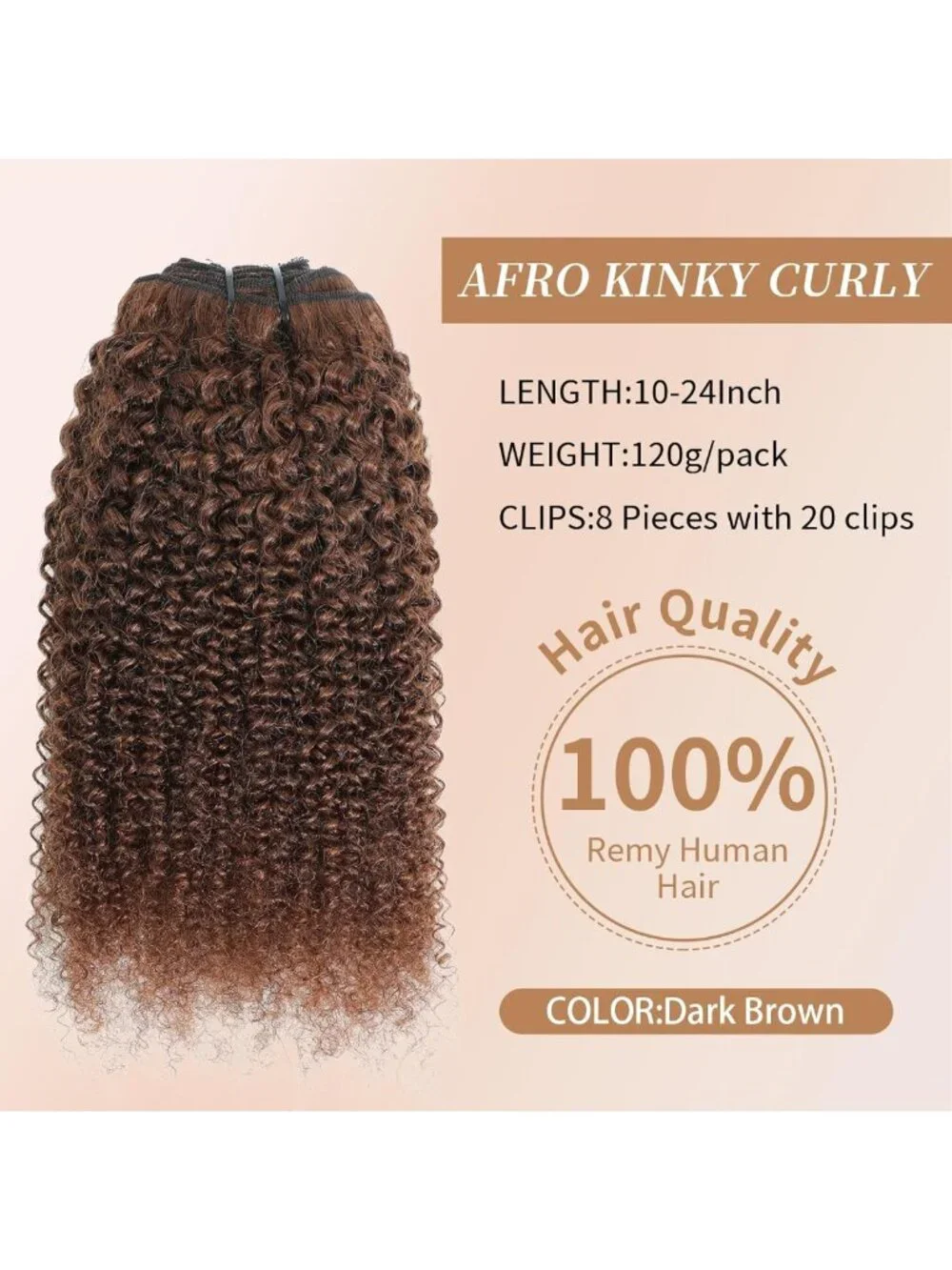 12-Inch Afro Kinky Curly Clip-Ins, Dark Brown Human Hair for 4C Texture, 8
